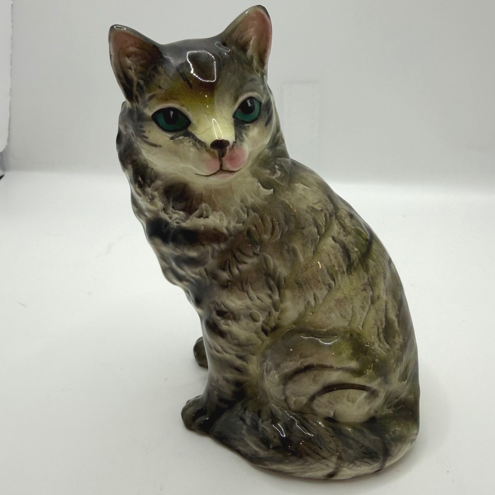 Vintage Ceramic Gray Tabby Cat Figurine Green Eyes Hand Painted 5" Mid Century
